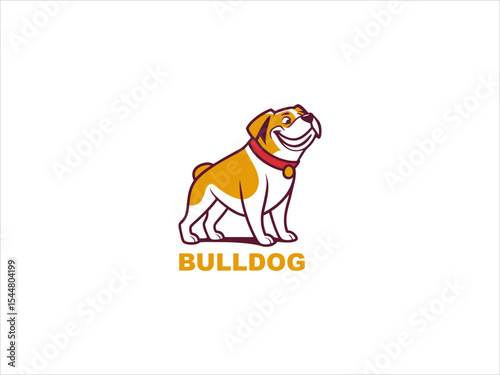 V E C T O R illustration of a happy golden and white Bulldog wearing a red collar standing on a white background Bulldog logo design