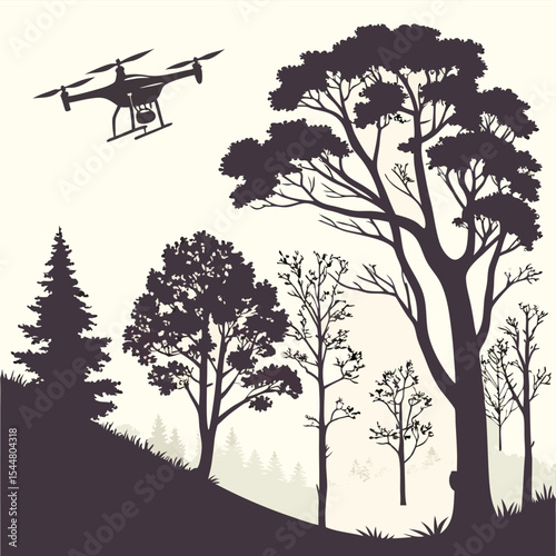 Drone Flying Over Forest Black Silhouette Scene