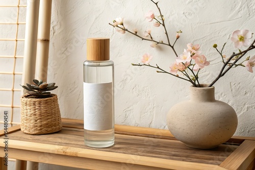 Clean Beauty Packaging on Wooden Shelf with Flowers – Minimal Product Display