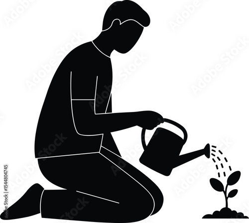 Man watering young plant, eco friendly gardening, sustainability growth, environmental care concept, black and white vector, nature conservation, agriculture support, save nature illustration