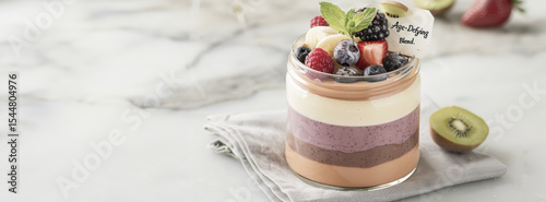 A vibrant layered antioxidant smoothie showcases rich acai, maqui berry, and cocoa in a glass jar. Topped with fresh fruits and a handwritten tag, this blend promotes healthy living