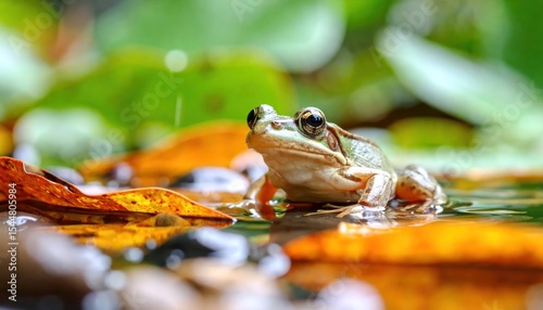 Close-Up of Brown Frog Sitting in Autumn Pond with Colorful Leaves and Water Reflections photo