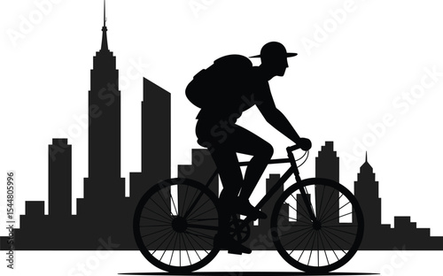 Silhouette of cyclist riding bicycle in urban cityscape, modern city background, man with backpack biking, metropolitan lifestyle, eco-friendly urban transport illustration