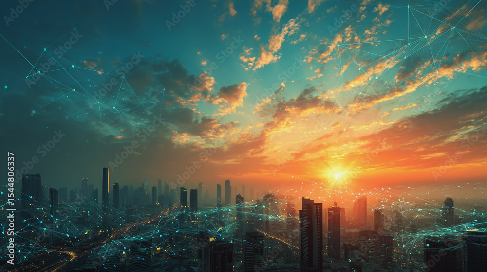 Fototapeta premium Smart digital Innovation city with connection network reciprocity over the cityscape. of future smart wireless digital city and social media networking systems that connects people with in city