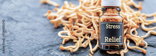 Brown glass bottle with white cap labeled stress relief resting near cordyceps mushrooms on dark textured surface, highlighting natural wellness supplement concept