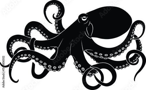 Silhouette of octopus with curled tentacles in black and white, marine animal illustration, ocean life artwork, sea creature vector drawing for graphic design