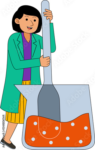 Cartoon Woman Scientist Stirring Chemical Mixture