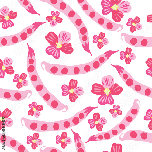 pink colored peas pods and colored flowers on white background vector seamless pattern. pink beans and flowers seamless pattern. It is good for textile, fabric, decorations, packaging and wrapping.