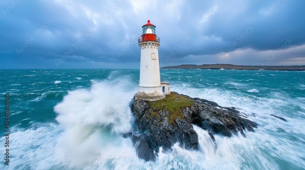 Obraz premium White Lighthouse Bathed in Dramatic Stormy Seascape