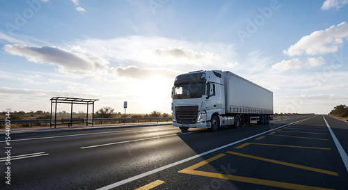 White semi-truck driving on highway near bus stop at sunset