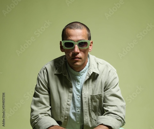 Fashionable portrait of handsome man in stylish outfit on green background