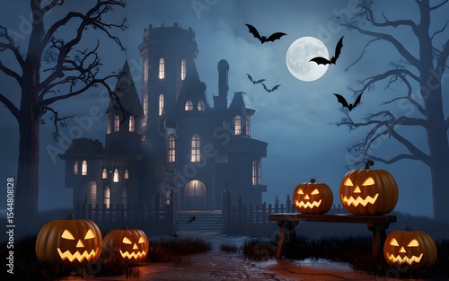 Spooky halloween night scene with haunted house pumpkins bats and full moon