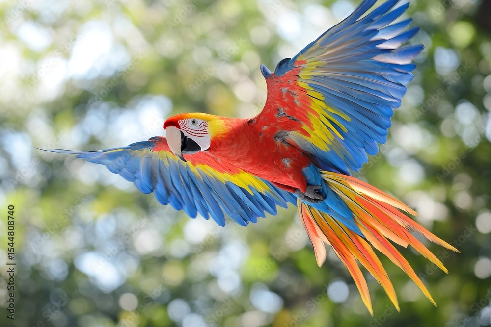 Naklejka premium Colorful parrot in flight showcasing vibrant plumage and exotic beauty in tropical sunlight with dynamic energy and freedom