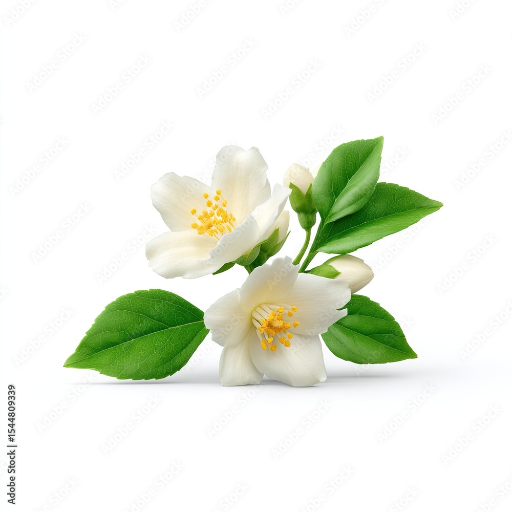 Fototapeta premium Fresh White Jasmine Flowers with Green Leaves Isolated on White Background