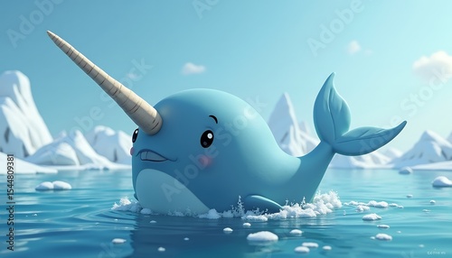 Cartoon Narwhal Swimming in Icy Water