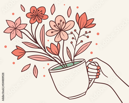 Delicate Hand Holding a Beautiful Cup of Freshly Picked Flowers: Springtime Bloom and Gentle Care Concept Vector Illustration