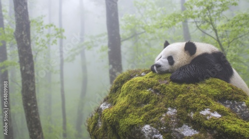 Giant panda resting on moss-covered rock in misty forest, gazing to the side, surrounded by tall trees with green foliage, tranquil natural habitat.