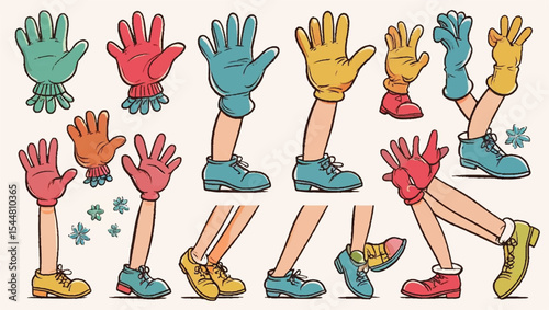 Vintage cartoon hands in gloves and feet in shoes. Cute animation character body parts. 