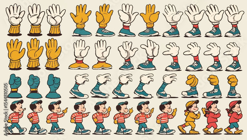 Vintage cartoon hands in gloves and feet in shoes. Cute animation character body parts. Comics arm gestures and walking leg poses vector set. Different foot movements and positions
