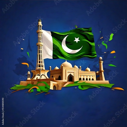 The minar e pakistan and the badshahi mosque with a large waving pakistani flag and green and white confetti all set against a deep blue background copyspace