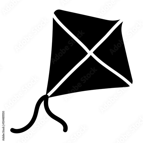 Black silhouette of a classic diamond shaped kite with tails soaring high