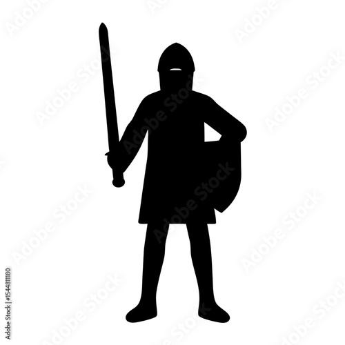 Silhouette of a knight holding a sword and shield in a fighting stance