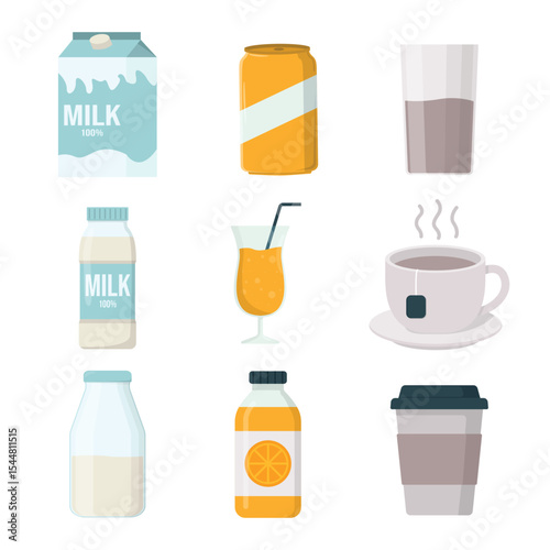 Vector illustration set of a non alcoholic beverage set, including milk, juice, coffee, tea, soda, coke and more, perfect for food and drink related flat designs 