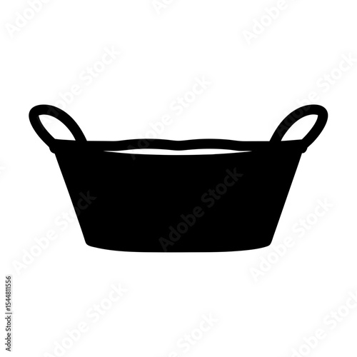 A bold silhouette depiction of a simple woven basket with handles