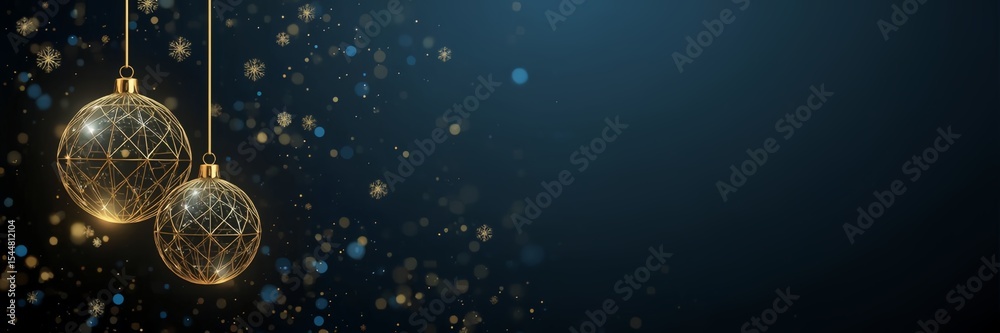 Fototapeta premium Christmas-themed background and banner designs with premium and modern designs,Christmas balls with golden geometric line design hanging on a dark blue and black gradient background