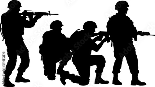 "Minimalist black silhouettes of five soldiers in various combat poses — one kneeling, one aiming, one walking — all in military uniforms and helmets, side-by-side across a white background, simple 2D