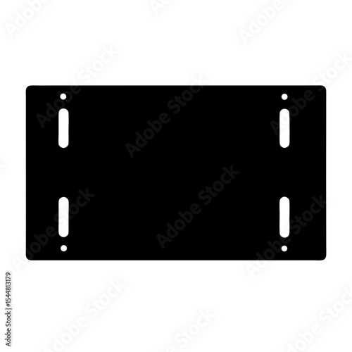 Black rectangular metal plate with four slotted holes and screw holes