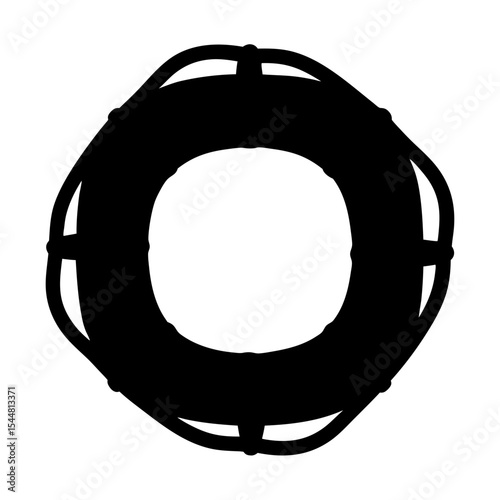 Black silhouette of a life preserver with rope and white background