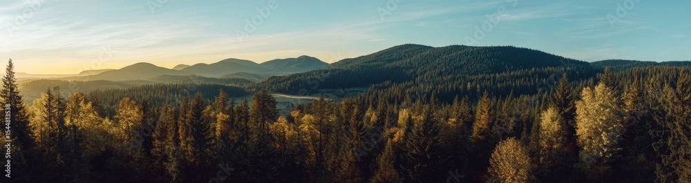 Fototapeta premium Panoramic aerial landscape showing sunset over the mountains and forest of Yarra Ranges National Park