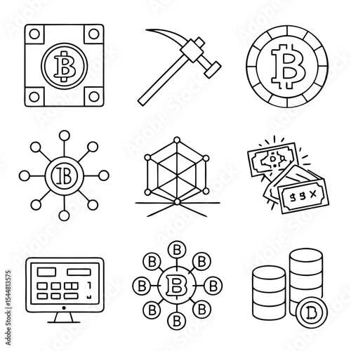 Bitcoin Mining, Cryptocurrency Network & Blockchain Technology Icons