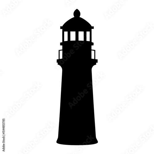 Silhouette of a tall lighthouse structure against a plain white background