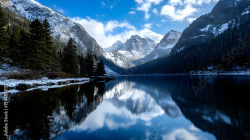A stunning alpine lake with deep blue water reflecting the surrounding snow-covered mountains and pine trees.