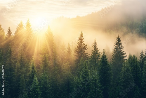 A hazy morning showcases spruce treetops set amidst a wonderful natural backdrop, illuminated by sunlight that pierces through the fog, evoking a bright and sunny ambiance