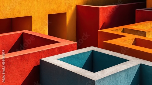 Abstract architectural detail, vibrant colored cubes and recessed squares