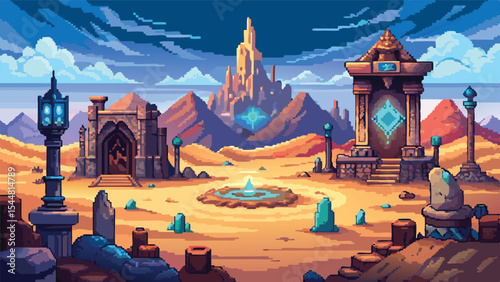Pixel Art Magical Desert Ruins Background – Ancient Sand Temple Landscape in Fantasy Pixel RPG