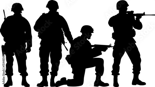 "Five military figures in black silhouette, each in a different stance (kneeling, standing, advancing), wearing helmets and fatigues, evenly spaced in a line across a flat white backdrop, front view, 