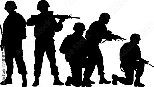 "Five military figures in black silhouette, each in a different stance (kneeling, standing, advancing), wearing helmets and fatigues, evenly spaced in a line across a flat white backdrop, front view, 