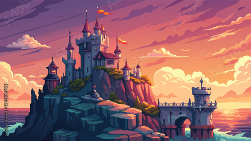 Pixel Art Majestic Fantasy Castle Background – Royal Fortress and City Skyline Landscape for RPG Game