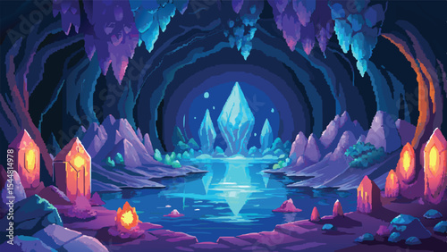 Pixel Art Fantasy Cave Background – Glowing Crystal Cavern Landscape in RPG Pixel Game Style