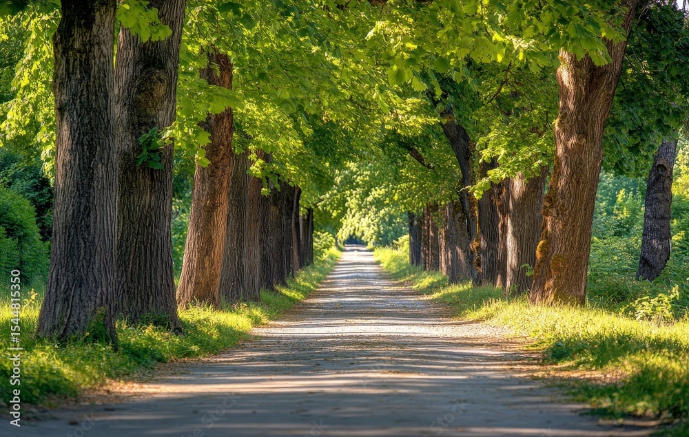 Fototapeta premium The trees in the Beautiful Green Forest are bathed in morning sunlight, with a gentle path winding through the spring forest