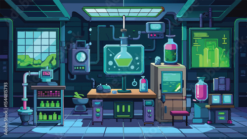 Pixel Art Science Lab Background – Futuristic Interior Scene for Retro Platformer or Puzzle Game