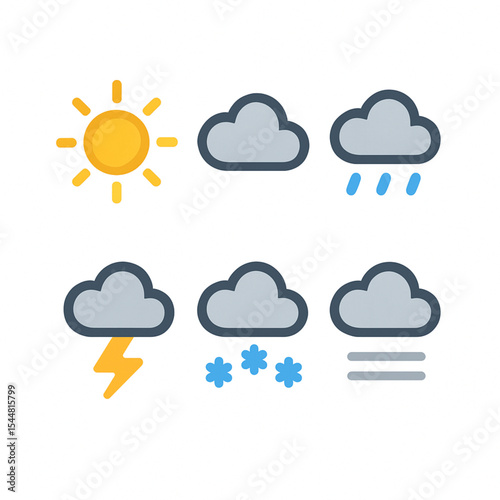 Weather Icons Sun, Clouds, Rain, Snow, Lightning, Wind - Vector Illustration