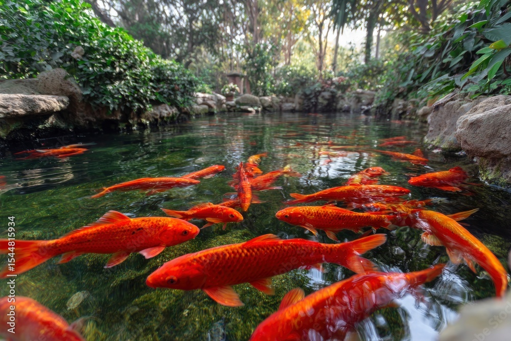 A pond teeming with vibrant orange fish swimming amidst aquatic plants and serene rockedged water A pond teeming with vibrant orange fish swimming amidst aquatic plants and serene rockedged water