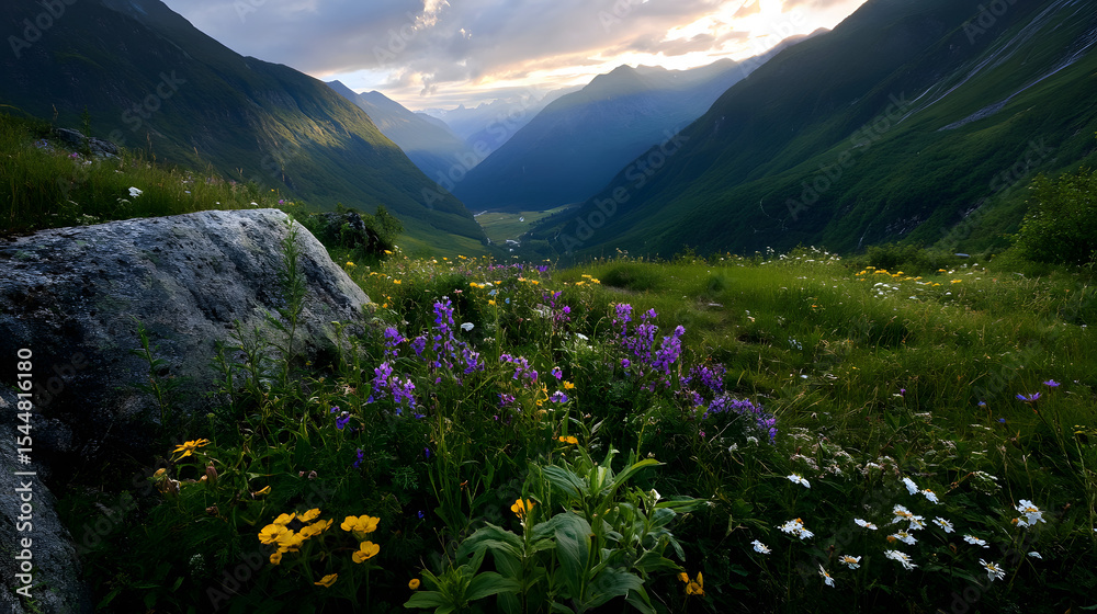 Fototapeta premium A stunning mountain pass lined with vibrant wildflowers, overlooking a deep valley.