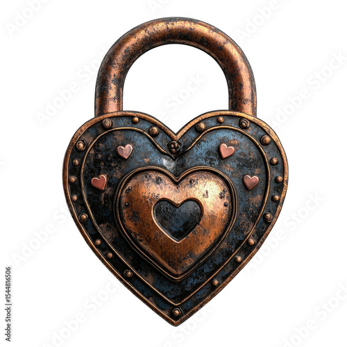 Vintage Heart Shaped Padlock Romantic Antique Metal Love Lock Rustic Design Grunge Texture Aged Copper Blue Brown Decorative Element Steampunk Style Illustration  Unique Graphic Design Element 3d old 