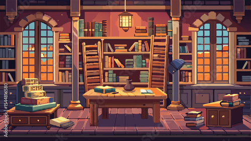 Pixel Art Library Interior Background – Cozy Fantasy Library Scene in 8-bit 16-bit 32-bit Pixel Style